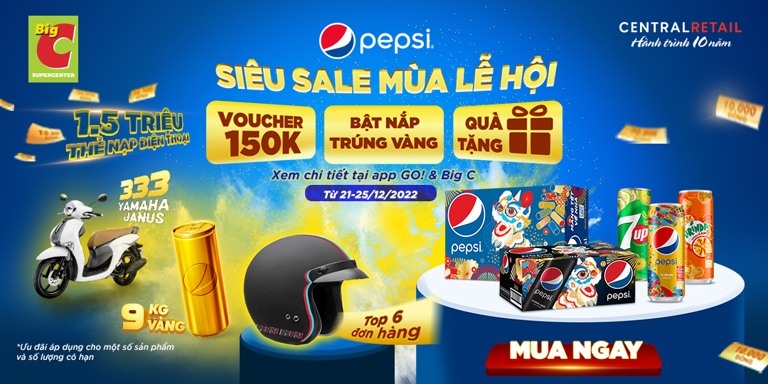 [ÁP DỤNG MUA ONLINE TẠI APP GO! & BIG C] PEPSI KHAO VOUCHER CỰC NÓNG & CƠ HỘI TRÚNG NÓN BẢO HIỂM CHO TOP ĐƠN HÀNG ĐẦU TIÊN  