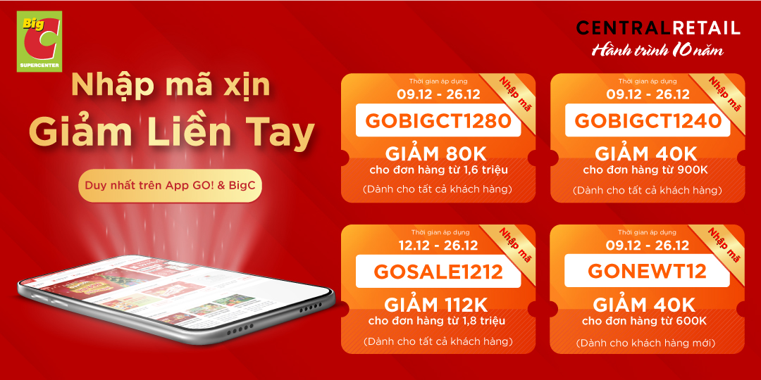 [ÁP DỤNG KHI ĐẶT HÀNG TRÊN APP GO! & BIG C] CHẤN ĐỘNG: HÀNG LOẠT VOUCHER GIẢM SỐC ĐẾN 112K ĐANG RƠI KHÔNG NGỪNG VÀO GIỎ HÀNG CỦA BẠN