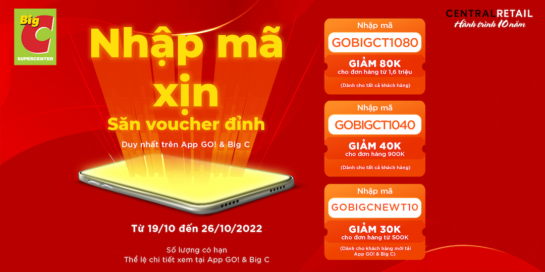 1 TUẦN DUY NHẤT - MUA HÀNG TRÊN APP GO! & BIG C TẶNG VOUCHER ĐẾN 80K