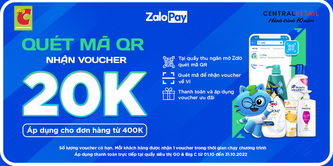 QUÉT MÃ QR ZALOPAY TẠI BIG C, GIẢM LIỀN 20K CHO ĐƠN 400K