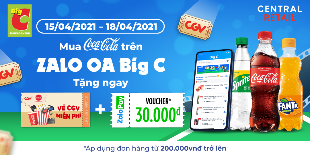 TẶNG 1000 VÉ CGV MIỄN PHÍ, GIẢM THÊM 30.000VND KHI MUA COCACOLA -  ĐỘC QUYỀN CHỈ CÓ TẠI ZALO OA Big C