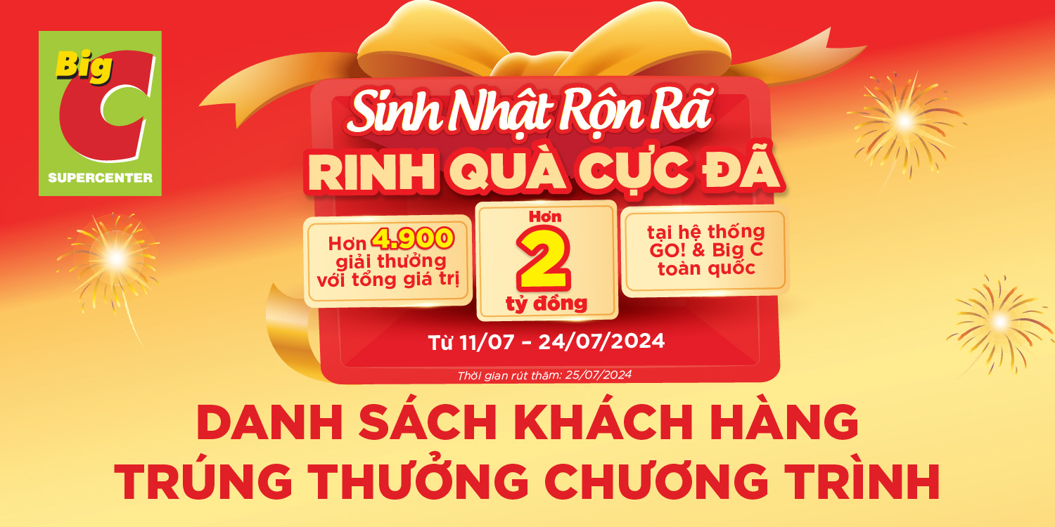 CÔNG BỐ DANH SÁCH KHÁCH HÀNG MAY MẮN CHƯƠNG TRÌNH “SINH NHẬT RỘN RÃ - RINH QUÀ CỰC ĐÃ” TẠI ĐẠI SIÊU THỊ BIG C